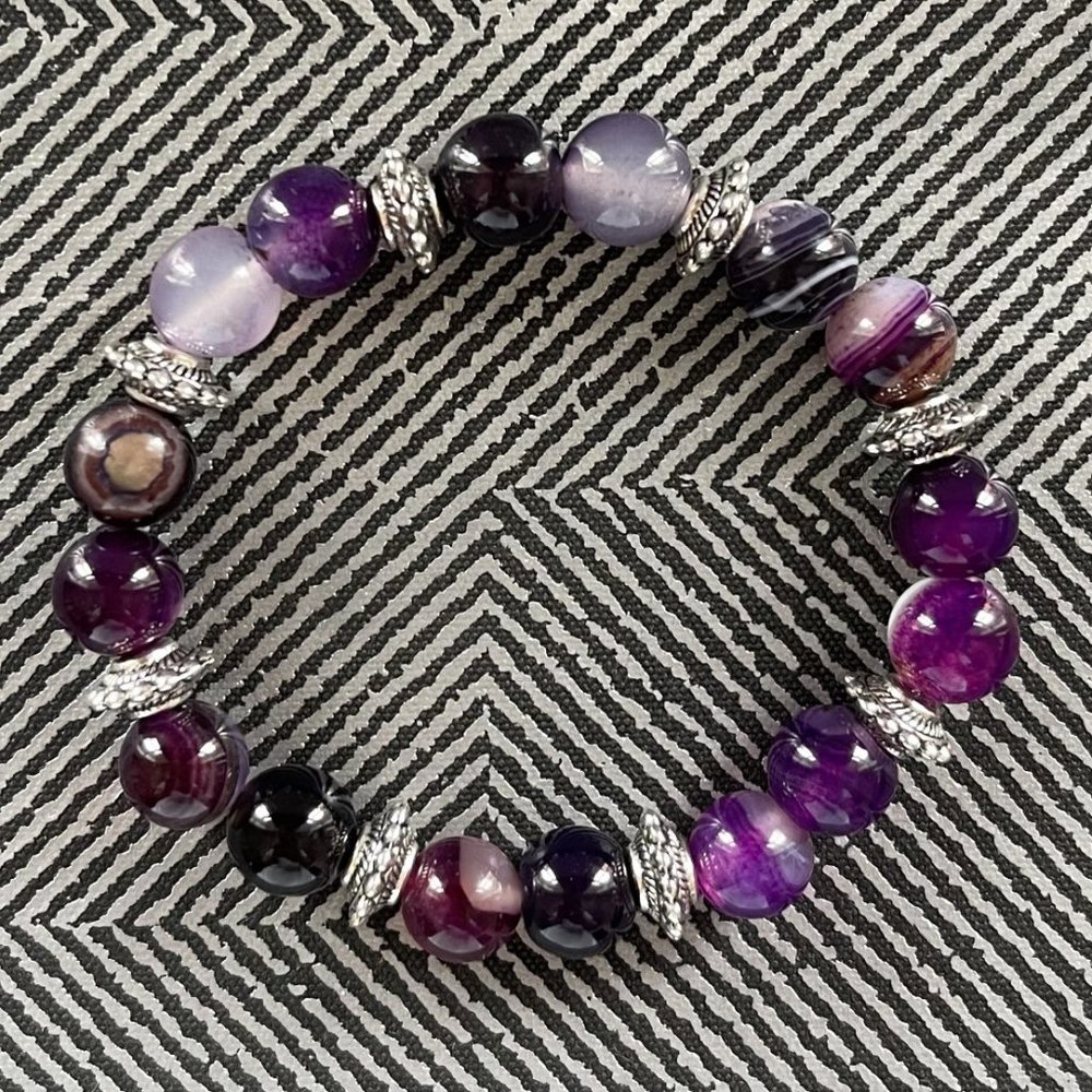 10mm Purple Stripe Agate with Pewter Silver Accent Stretch Bracelet